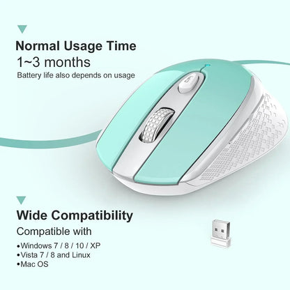 Wireless mint green and white computer mouse with USB receiver, wide OS compatibility, long battery life.