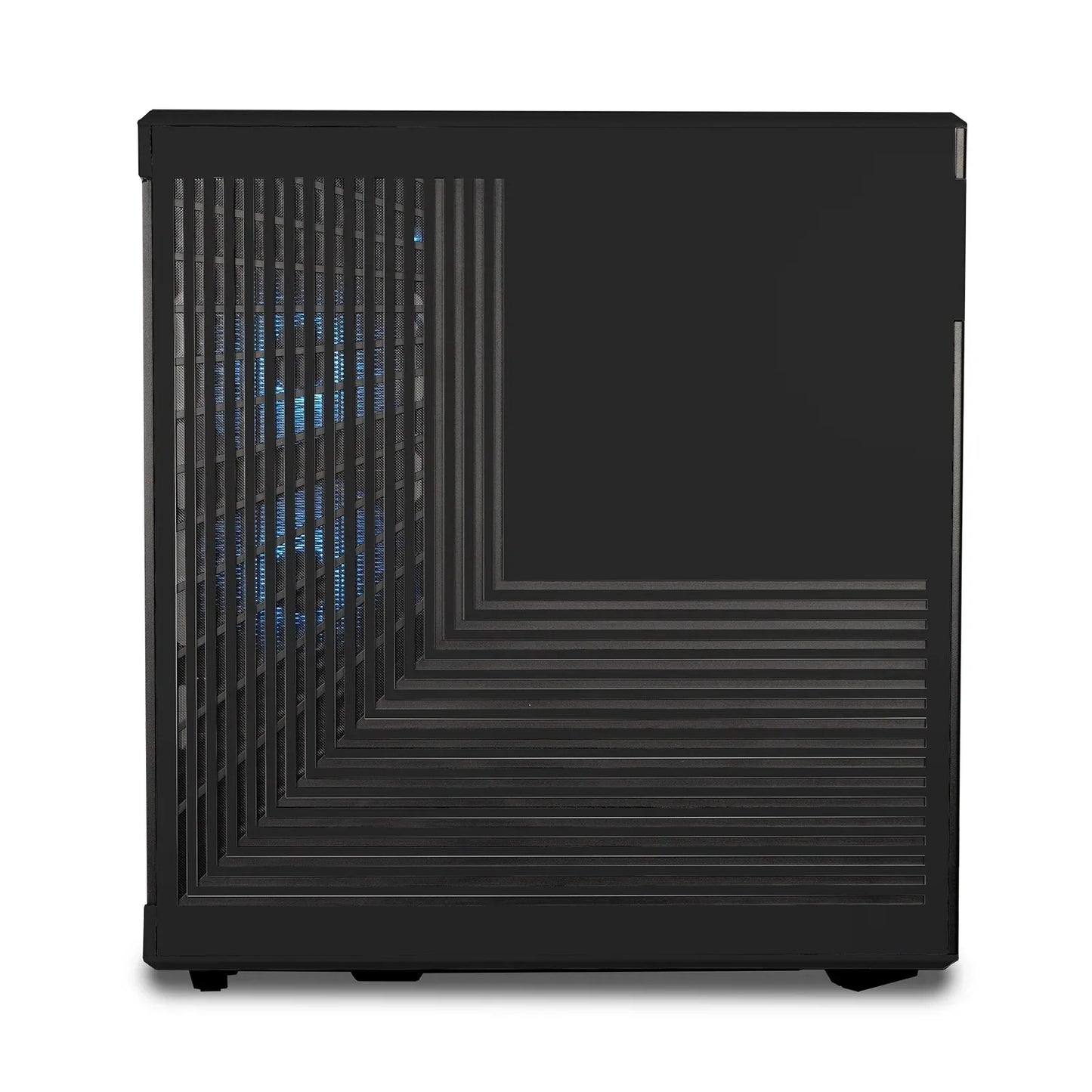 Black gaming PC case with geometric vent design and visible blue LED fans inside