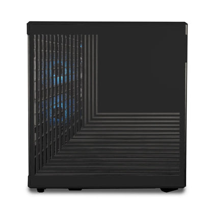 Black gaming PC case with geometric vent design and visible blue LED fans inside