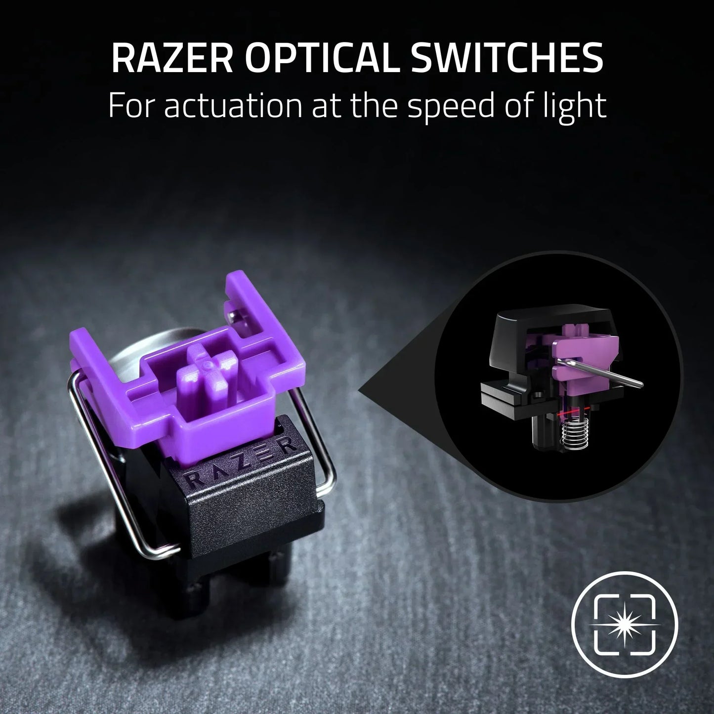Razer optical switch close-up with purple stem for gaming keyboards, Byte Style gear