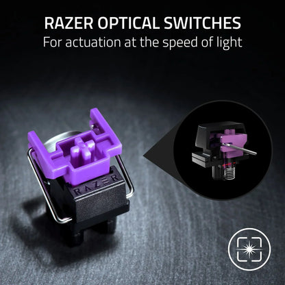 Razer optical switch close-up with purple stem for gaming keyboards, Byte Style gear