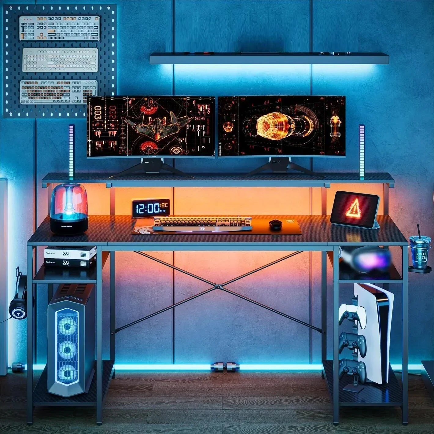 55" Pink Gaming Computer Desk with LED Light & Monitor Stand Corner Desk for Home Office, Pink Carbon Fiber