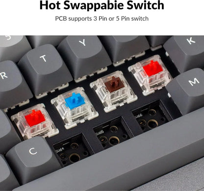 Mechanical keyboard with hot swappable RGB switches, close-up on keycaps and PCB slots