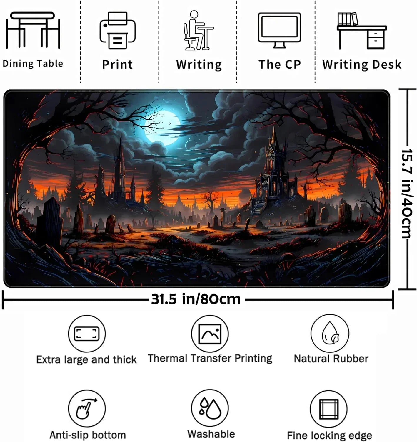 Extra large retro gaming desk mat with spooky haunted castle, moonlit graveyard, and dark twisted trees design