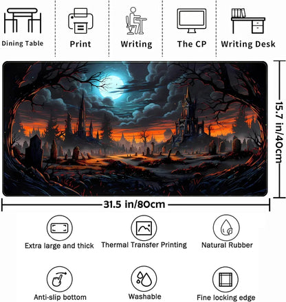 Extra large retro gaming desk mat with spooky haunted castle, moonlit graveyard, and dark twisted trees design