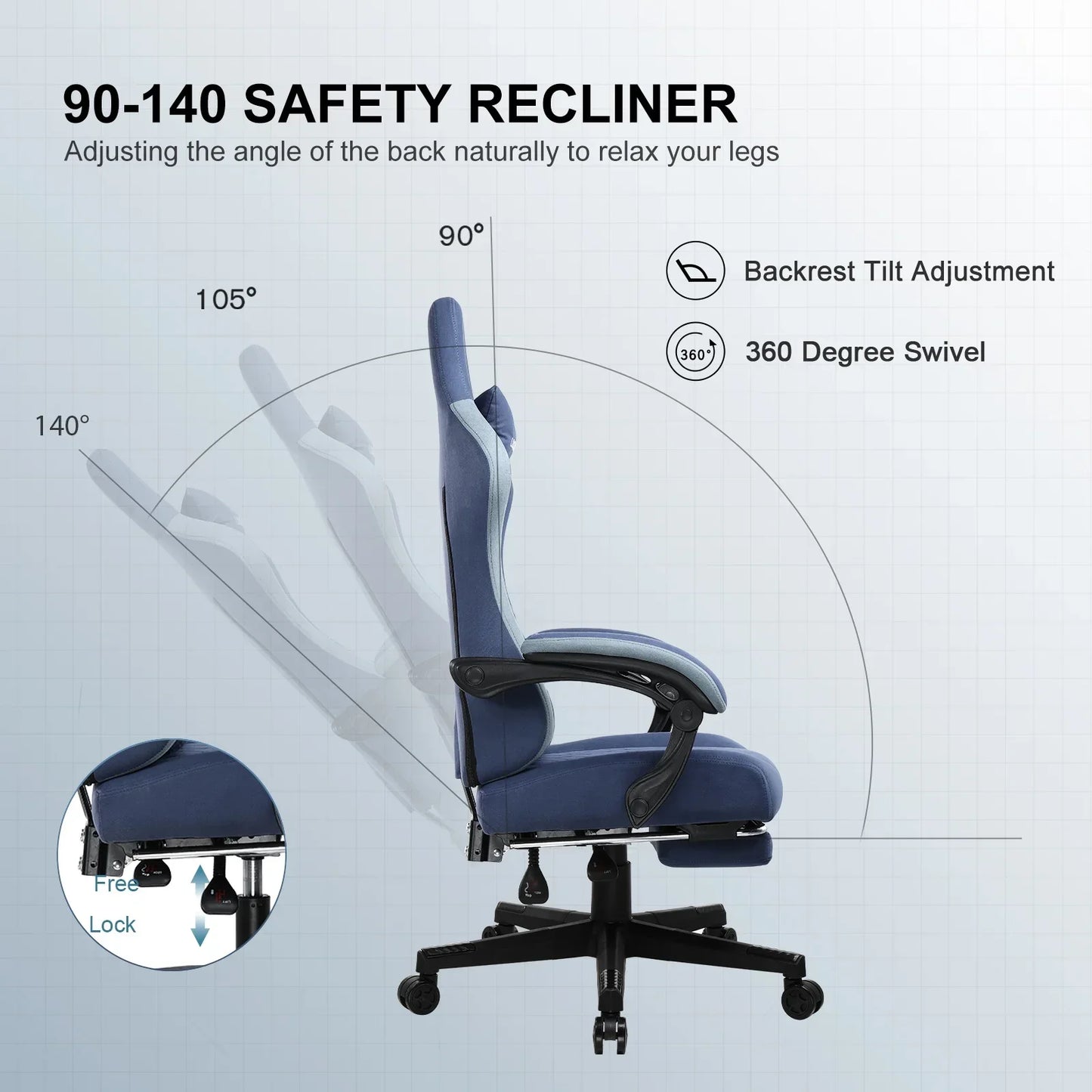 Blue ergonomic office chair with adjustable backrest tilt from 90° to 140° and 360-degree swivel