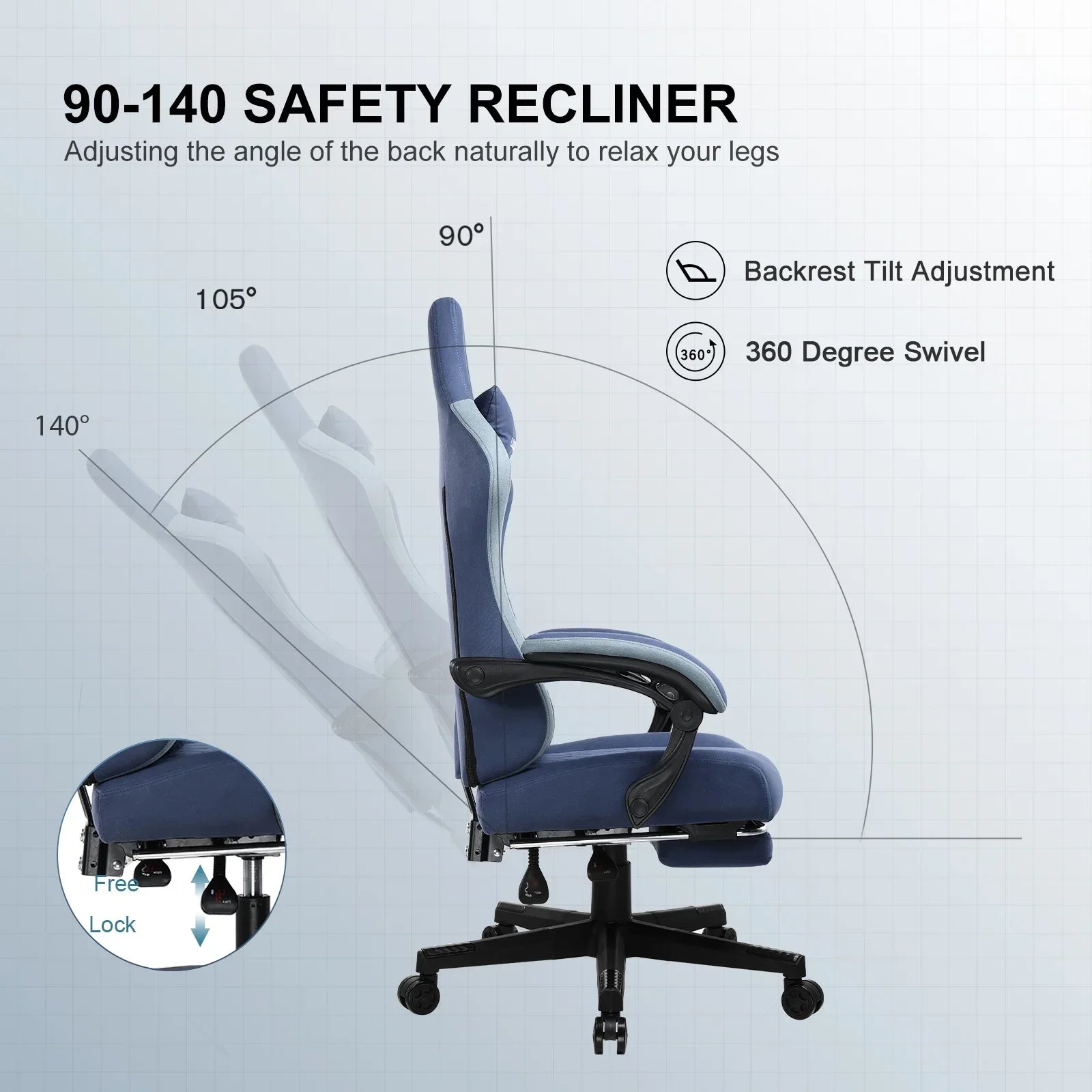 Blue ergonomic office chair with adjustable backrest tilt from 90° to 140° and 360-degree swivel