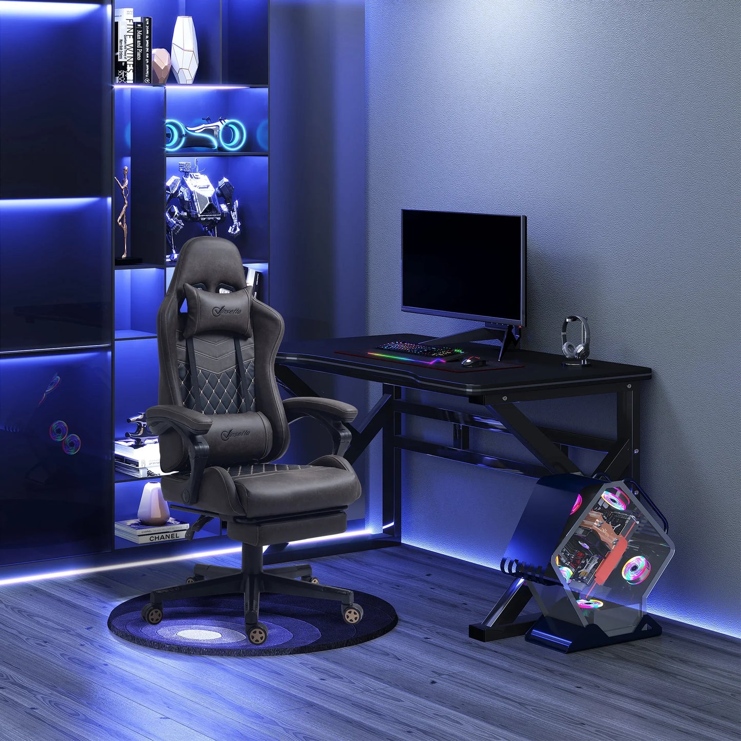 Modern gaming setup with ergonomic chair, black desk with RGB keyboard and mouse, illuminated PC tower, and blue LED-lit shelves