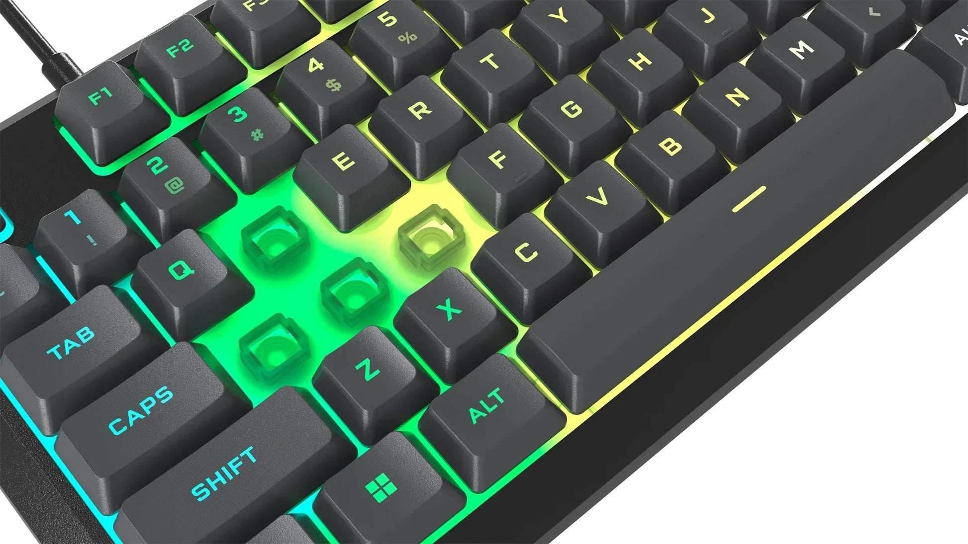 RGB mechanical gaming keyboard close-up with keycaps removed, retro 8-bit style