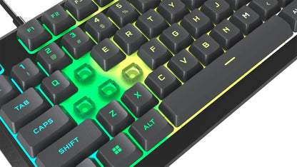RGB mechanical gaming keyboard close-up with keycaps removed, retro 8-bit style