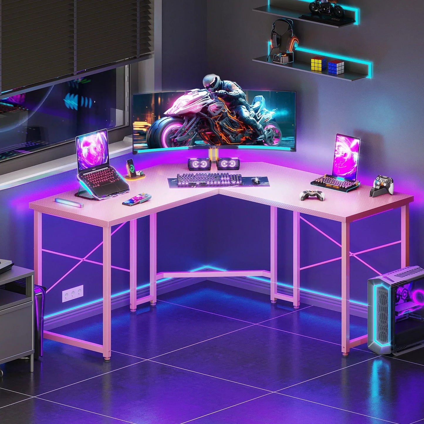 Computer Desk L Shaped, 51 Inch Reversible L Shaped Desk, Gaming Desk, Home Office Desk, Pink