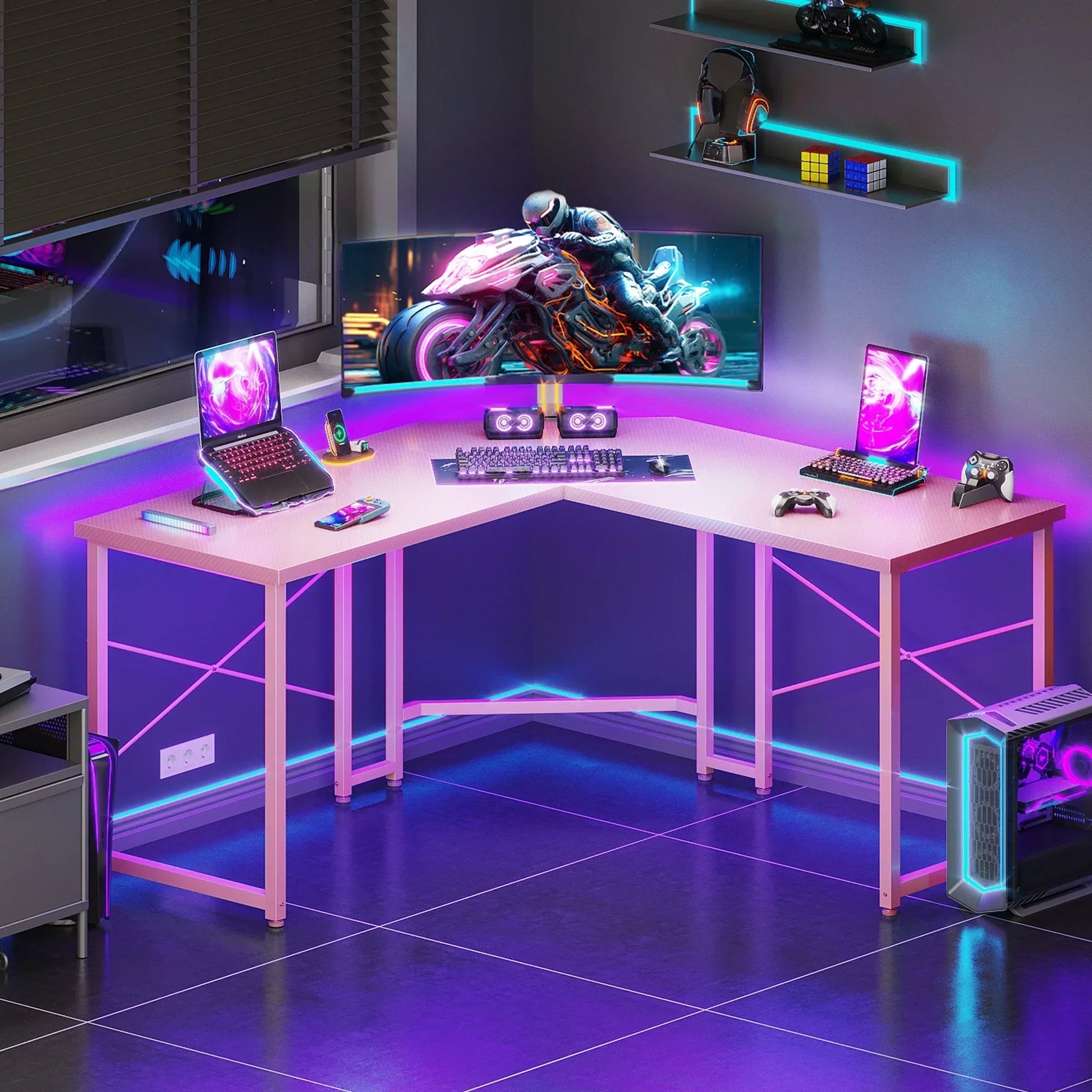Computer Desk L Shaped, 51 Inch Reversible L Shaped Desk, Gaming Desk, Home Office Desk, Pink