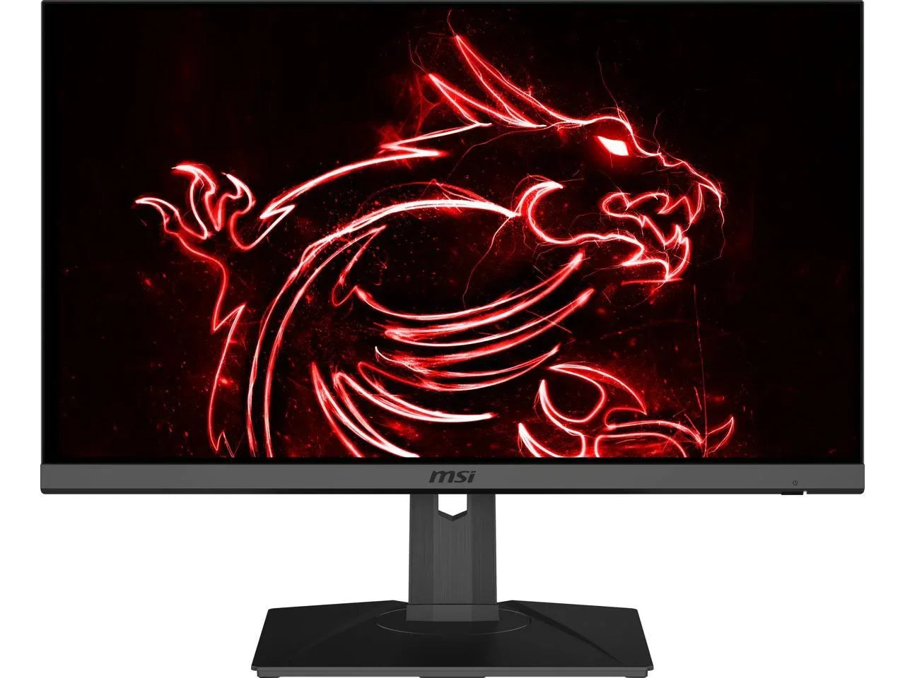 MSI gaming monitor displaying red neon dragon design on screen with slim bezels and sturdy stand