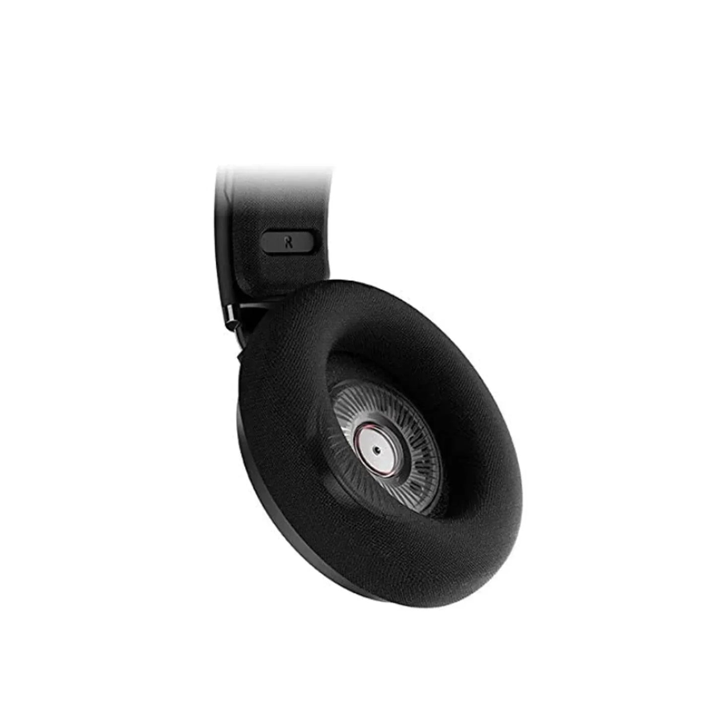 Close-up of gaming headset earcup with black mesh cushion and visible speaker driver.