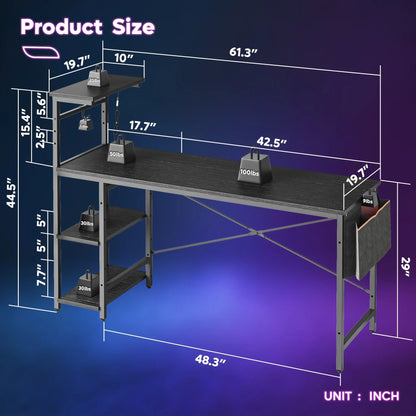 Black multipurpose desk with three shelves, side pocket organizer, and detailed dimensions in inches