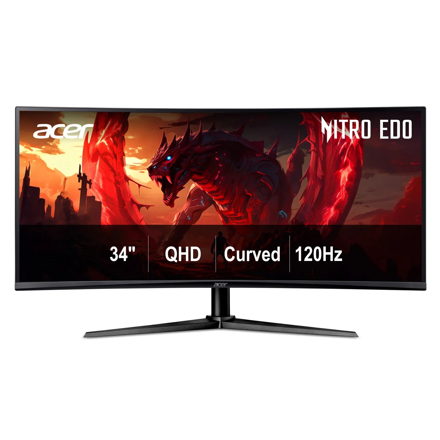 Acer Nitro ED0 34-inch curved QHD gaming monitor with 120Hz refresh rate showing a fiery red dragon