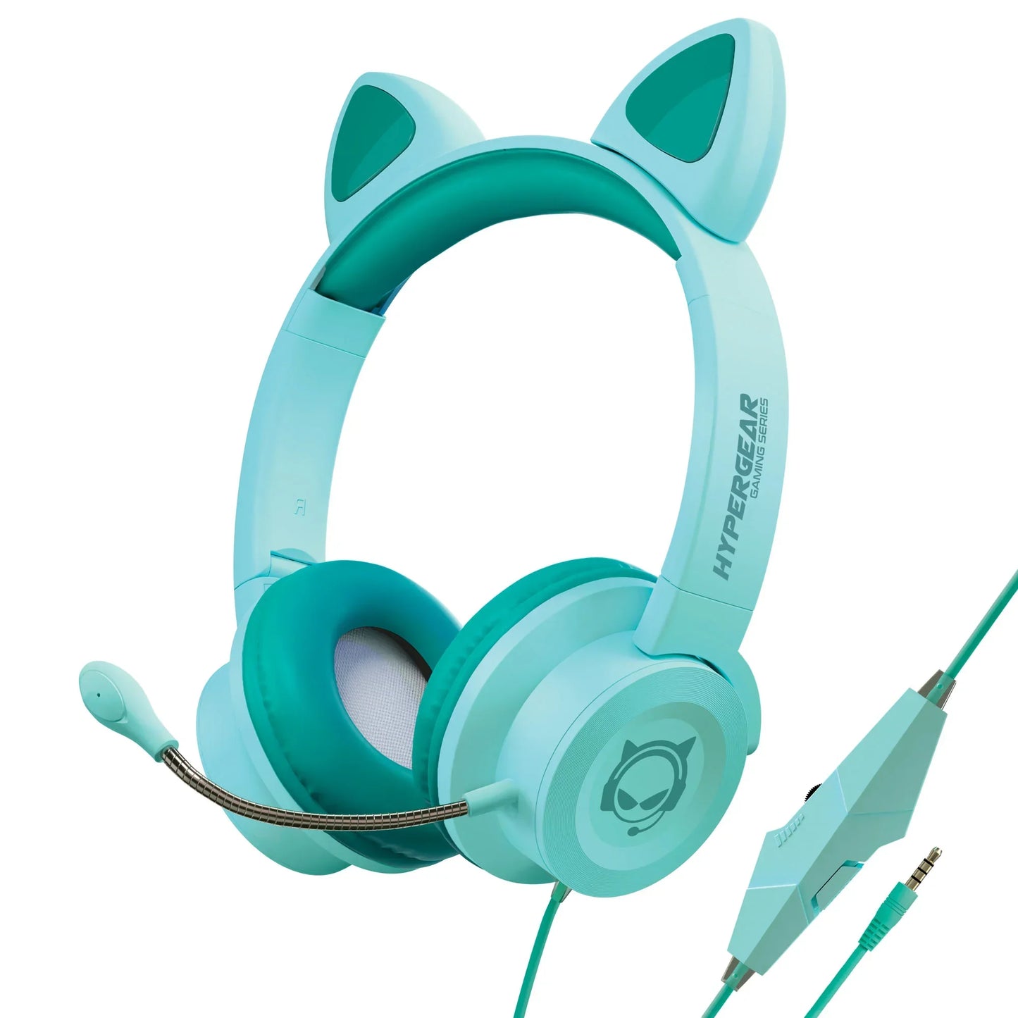 Aqua blue Hypergear gaming headset with cat ears, padded ear cups, mic, and inline control