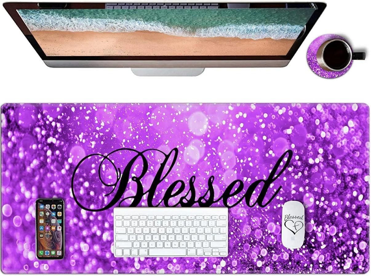 Purple glitter gaming desk mat with 'Blessed' text, white keyboard, mouse, smartphone, and coffee cup