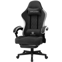 Black and gray GTPLAYER gaming chair with padded armrests, headrest and lumbar cushions on caster wheels