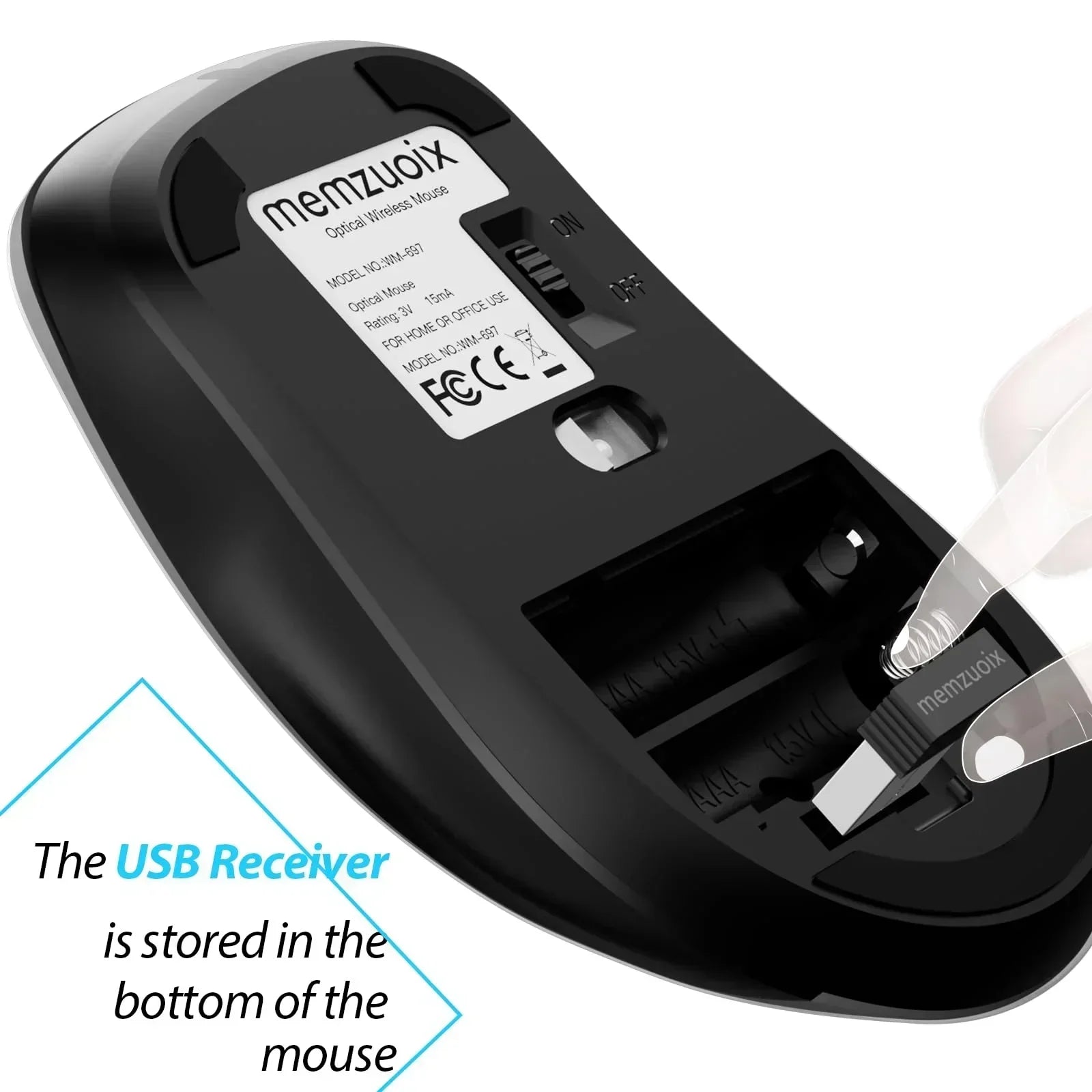 Bottom view of a black wireless mouse showing USB receiver storage compartment