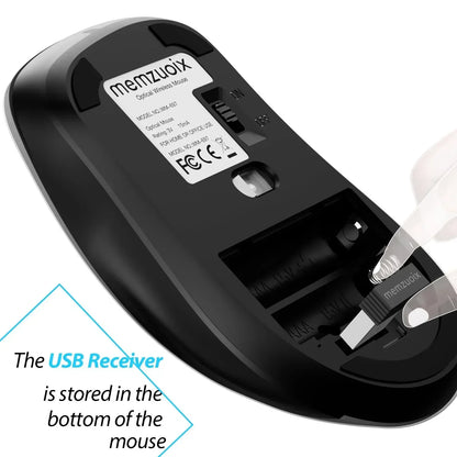 Bottom view of a black wireless mouse showing USB receiver storage compartment