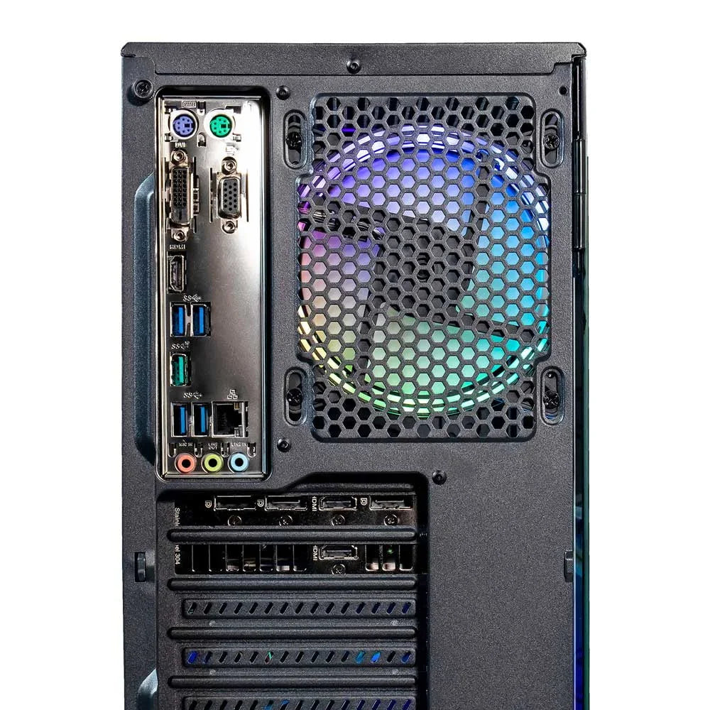 Rear view of a gaming PC with RGB cooling fan and multiple USB, HDMI, audio, and video ports
