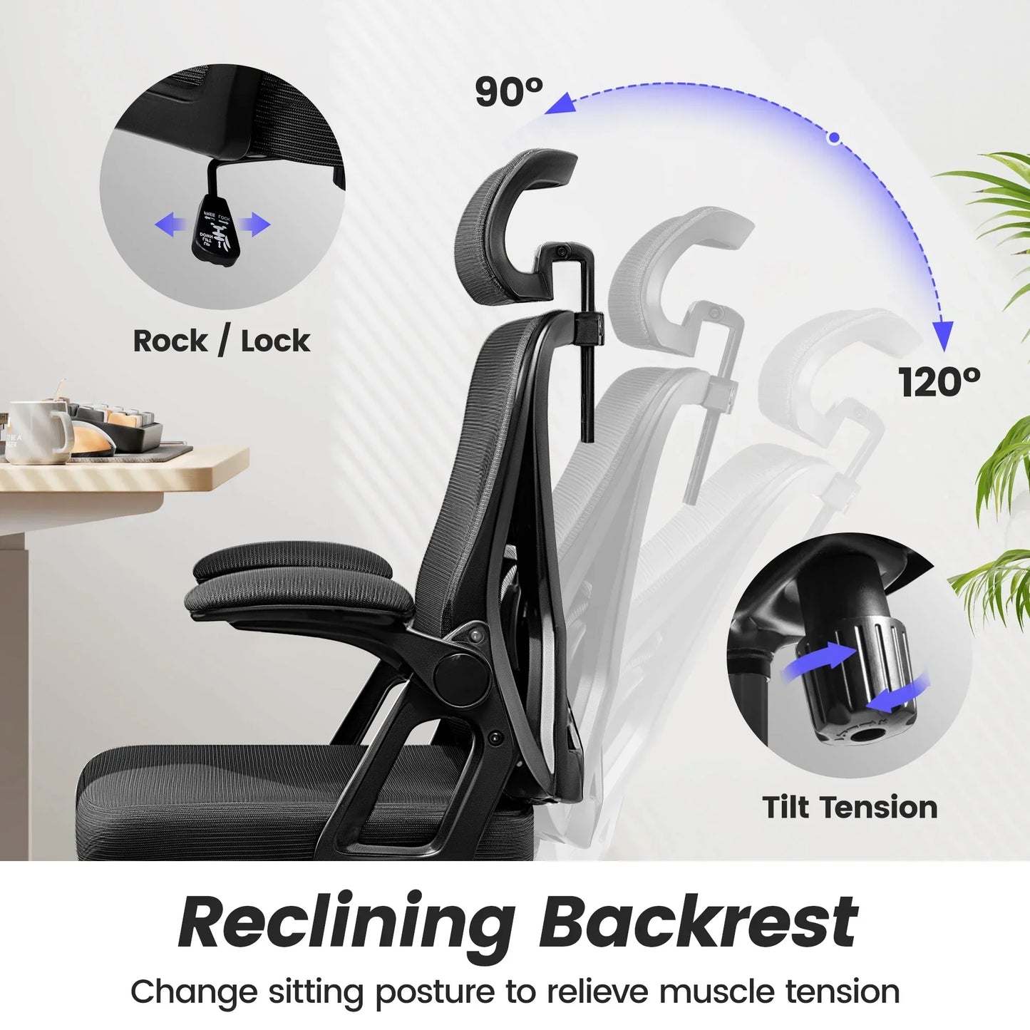 Ergonomic gaming chair with reclining backrest, 90-120° tilt, rock/lock & tension control for posture support