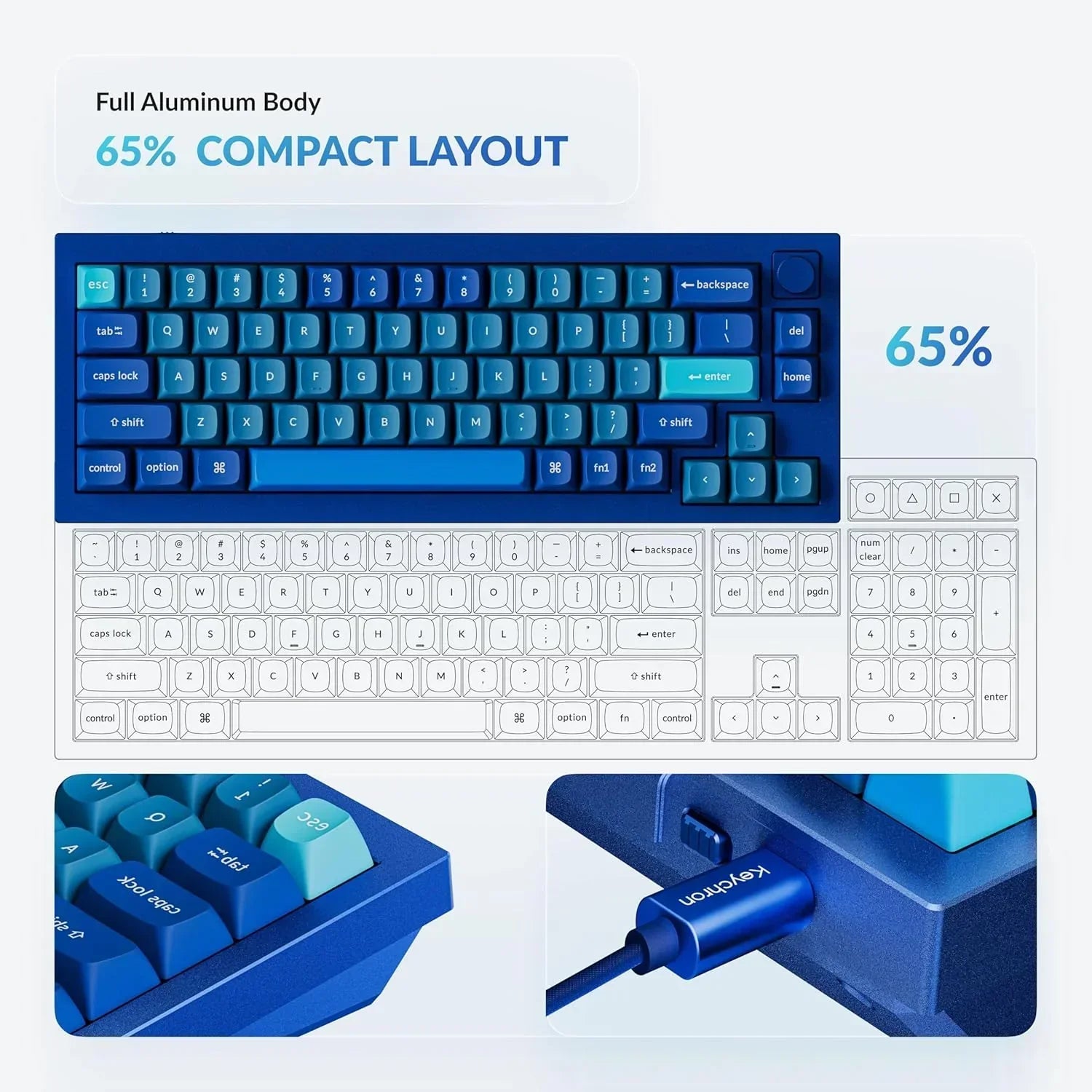 Blue 65% compact aluminum gaming keyboard with RGB-ready design and USB-C cable, Byte Style