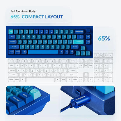 Blue 65% compact aluminum gaming keyboard with RGB-ready design and USB-C cable, Byte Style