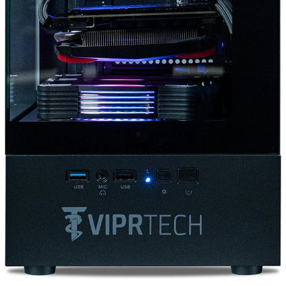 VIPRTECH gaming PC tower with front USB ports and internal RGB lighting visible through side panel