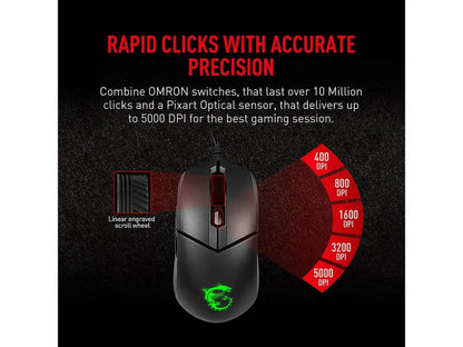 Gaming mouse with OMRON switches, Pixart sensor up to 5000 DPI, linear engraved scroll wheel