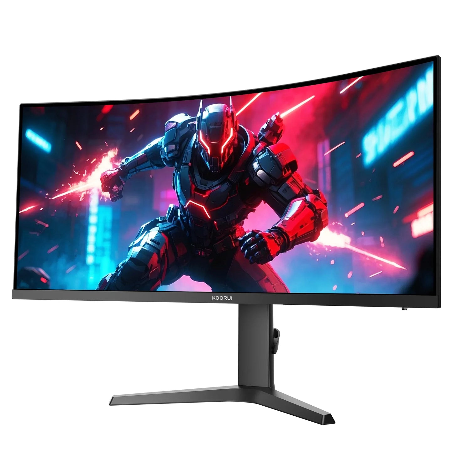 Curved ultra-wide gaming monitor displaying futuristic armored sci-fi warrior with glowing red lights