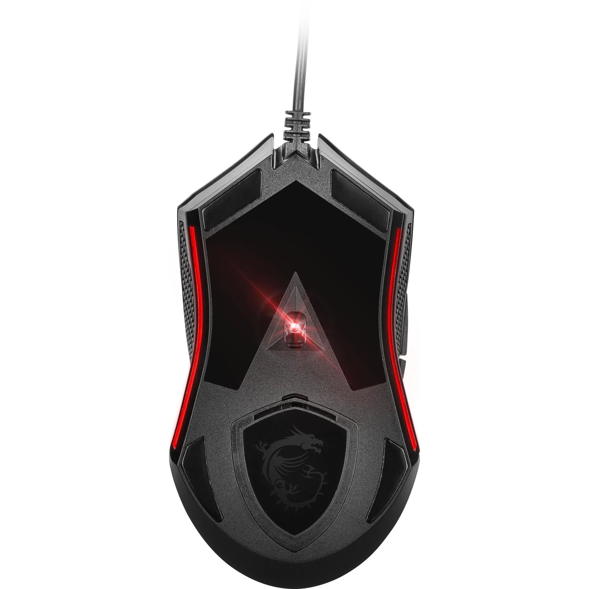 Gaming mouse with black and red design, featuring a dragon logo and glowing sensor, wired connection