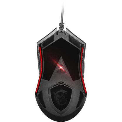 Gaming mouse with black and red design, featuring a dragon logo and glowing sensor, wired connection