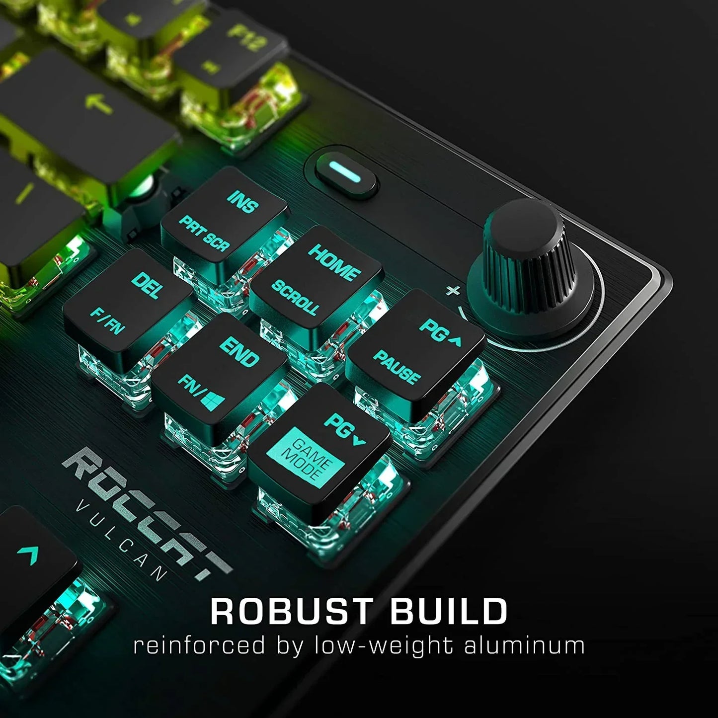 ROCCAT Vulcan RGB gaming keyboard detail with illuminated keys and aluminum build
