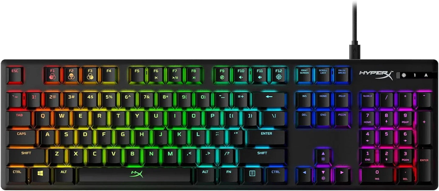 HyperX RGB mechanical gaming keyboard with rainbow backlighting, modern PC setup gear