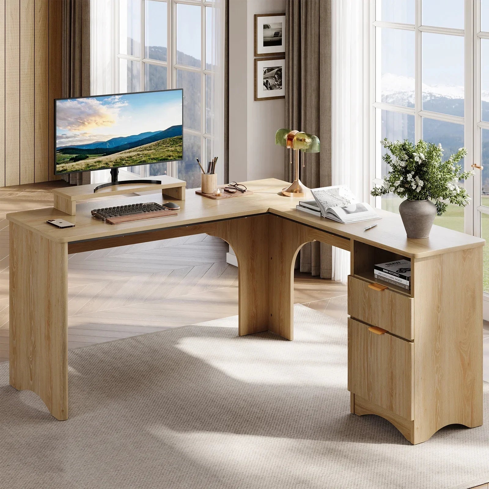 L Shaped Desk with Drawers, 55.7" X 55" Office Computer Desk with round Corners, Monitor Stand & Fluted Panels, White & Walnut