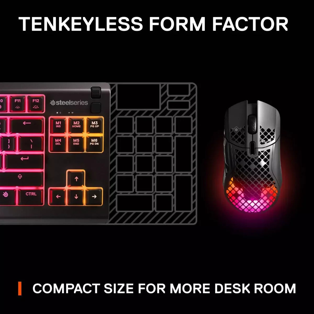SteelSeries tenkeyless RGB gaming keyboard and honeycomb design RGB gaming mouse on black background