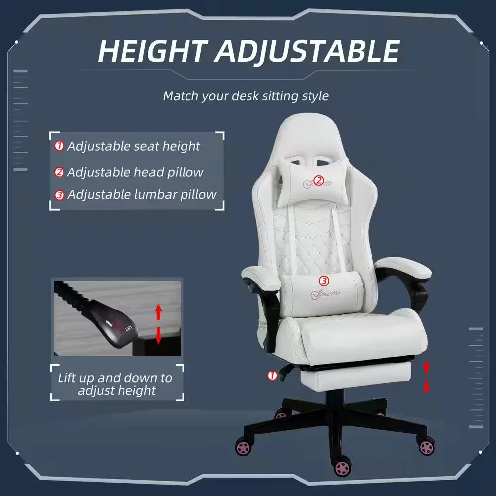 White adjustable gaming chair with height, head pillow, and lumbar pillow controls on navy background