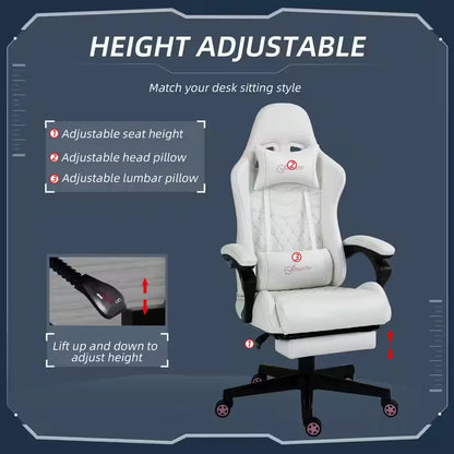 White adjustable gaming chair with height, head pillow, and lumbar pillow controls on navy background