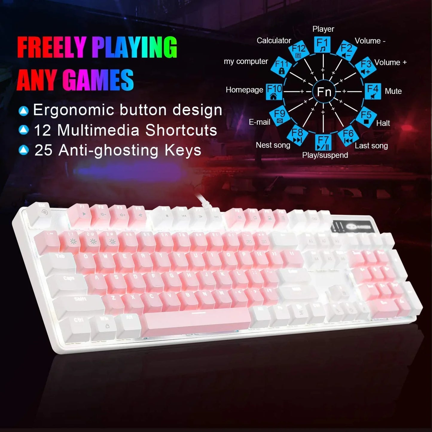 White and pink backlit gaming keyboard with ergonomic keys and 12 multimedia shortcuts for better gameplay