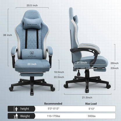Blue GTPLAYER gaming chair with adjustable armrests, cushions, and rolling base, showing dimensions and ergonomic design