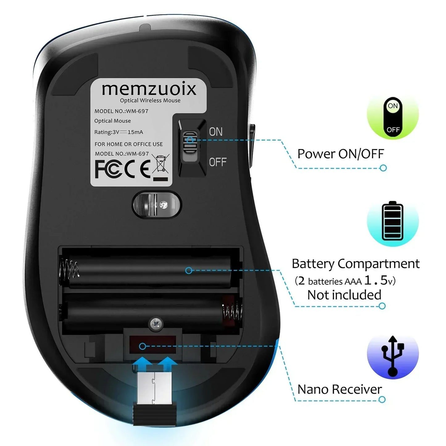 Wireless optical mouse underside showing battery compartment, on/off switch, and USB nano receiver