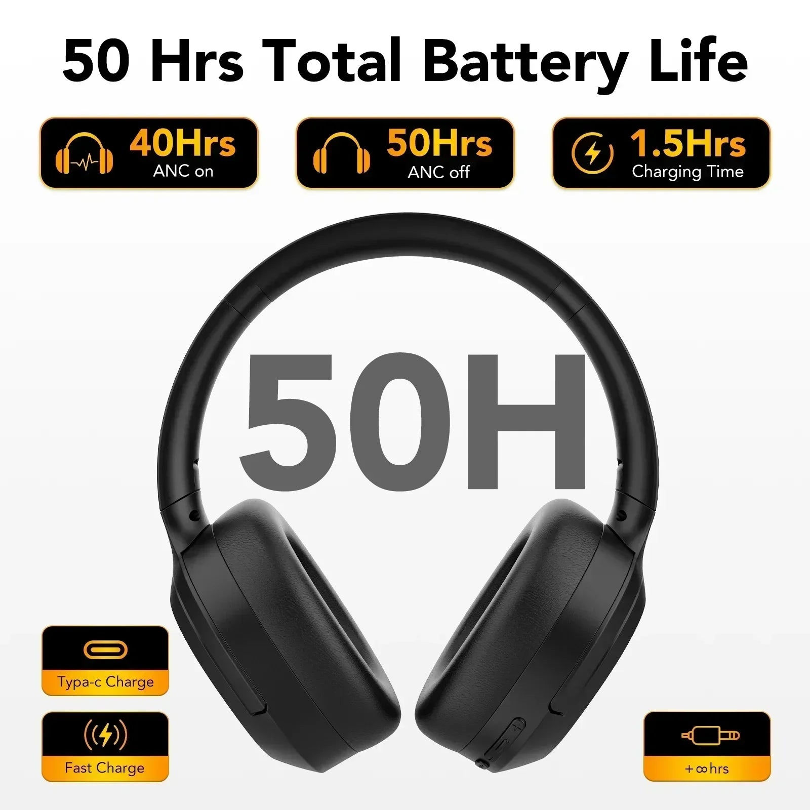 Black wireless over-ear headphones with 50 hours battery life, fast charging, USB-C