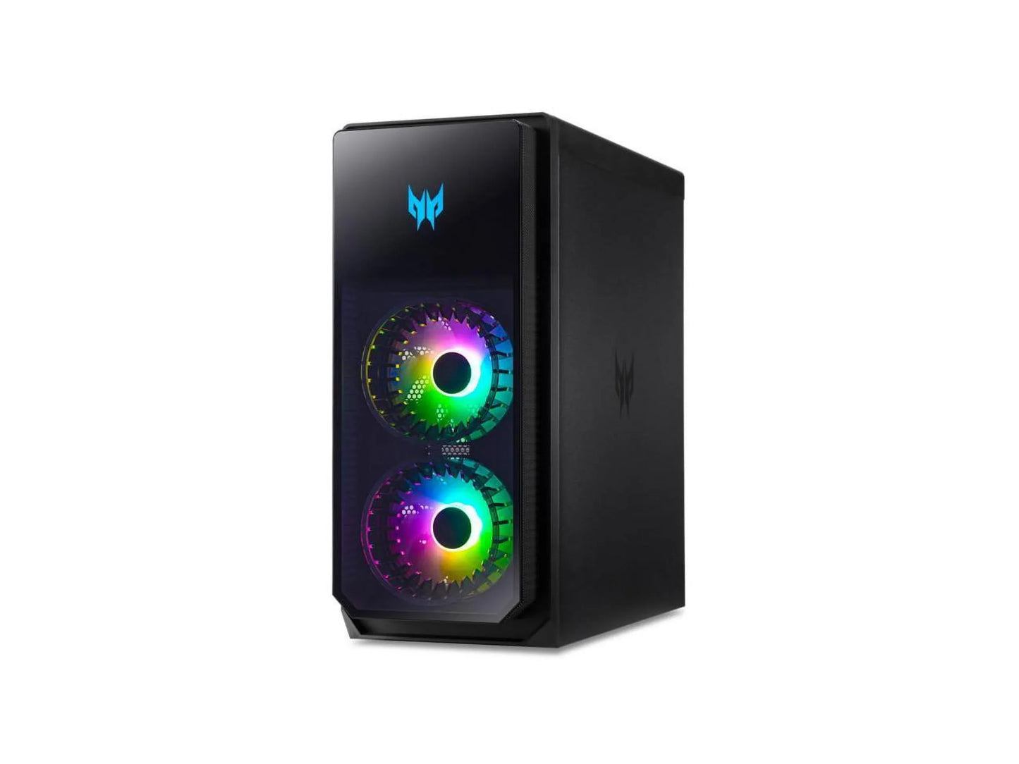 Black gaming PC tower with dual RGB fans and blue logo on front panel