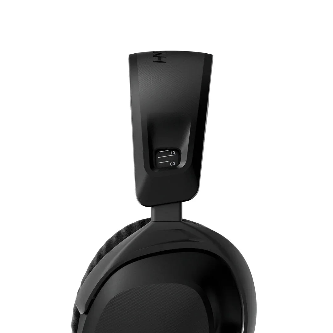Adjustable black over-ear headphone with textured headband and padded ear cup