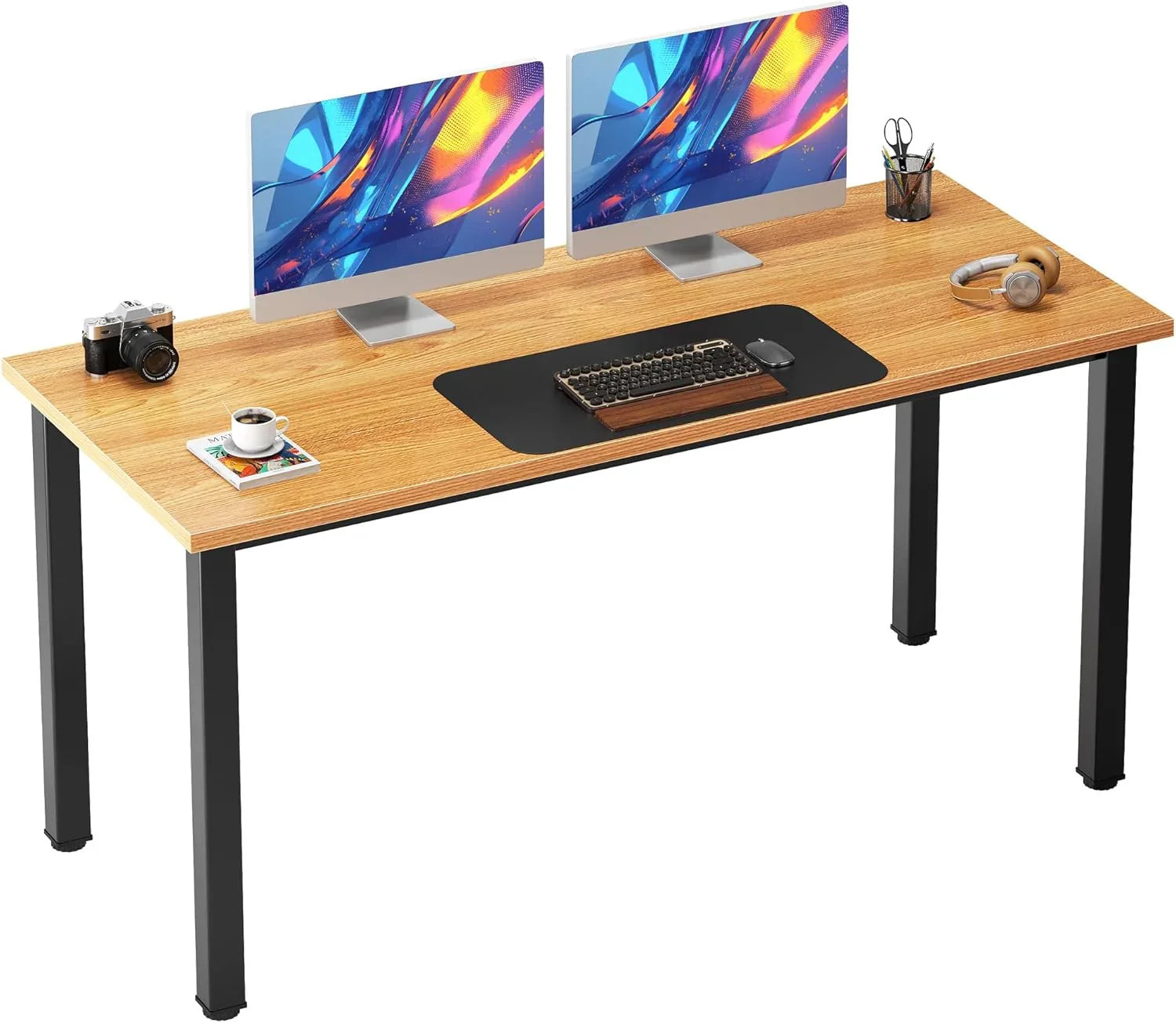 Computer Desk, 47 Inch Home Office Desk, Modern Simple Style Home Office Gaming Desk, Basic Writing Table for Study Student, Black Metal Frame, Black