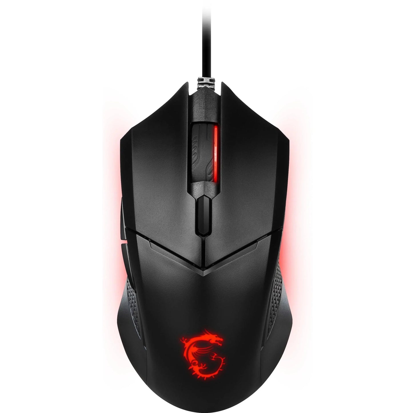 Black wired gaming mouse with red LED dragon logo and illuminated scroll wheel, sleek ergonomic design