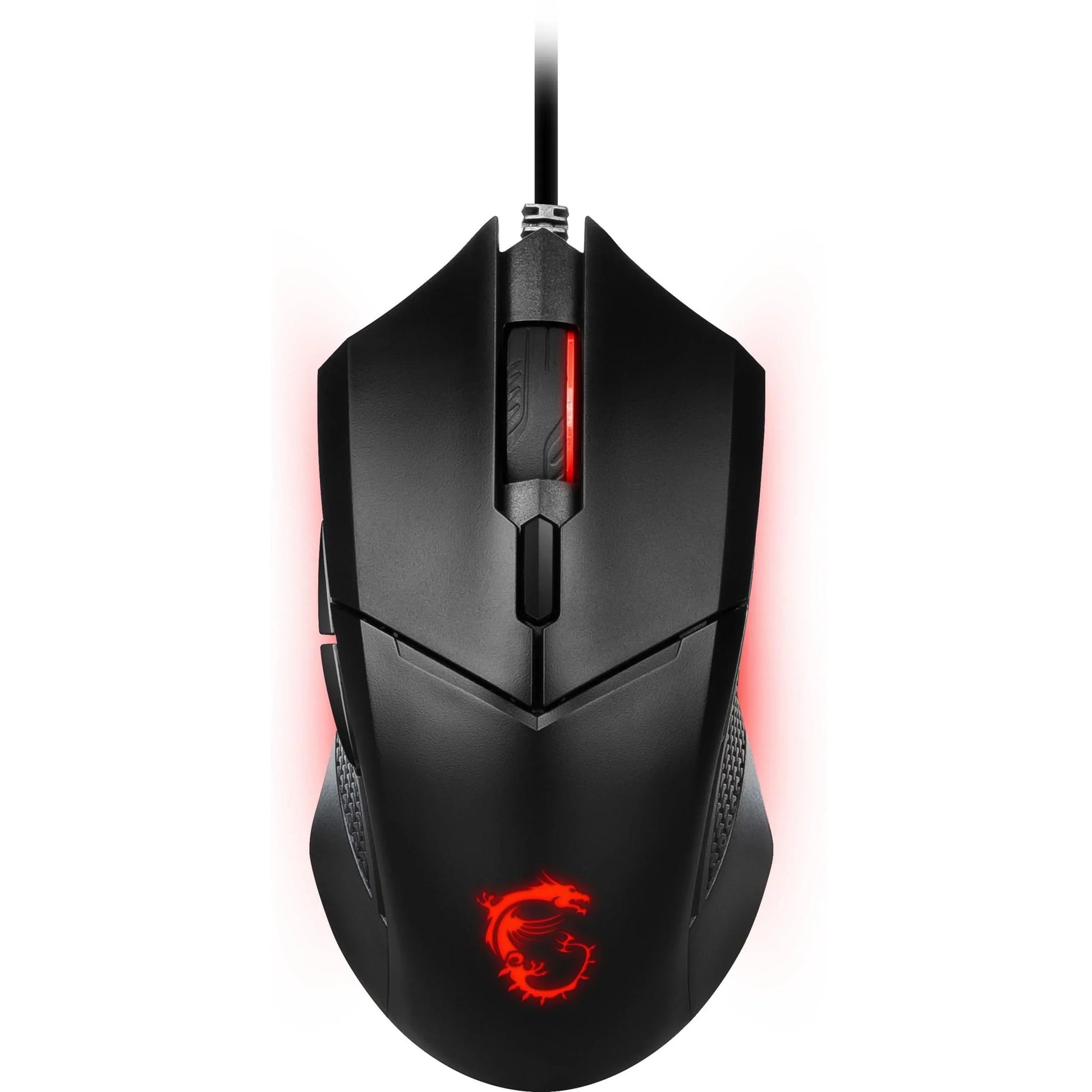 Black wired gaming mouse with red LED dragon logo and illuminated scroll wheel, sleek ergonomic design