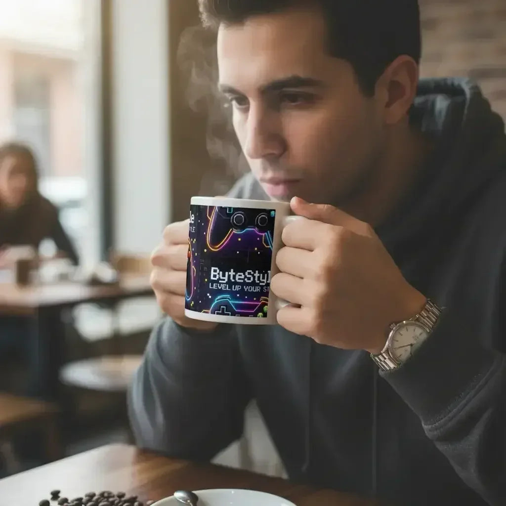 Young man in hoodie enjoying hot coffee in ByteStyle gaming mug at cozy cafe